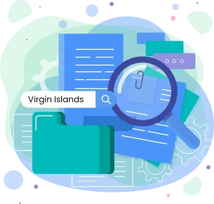 Illustration of a search for "Virgin Islands" with documents, magnifying glass, and folder.